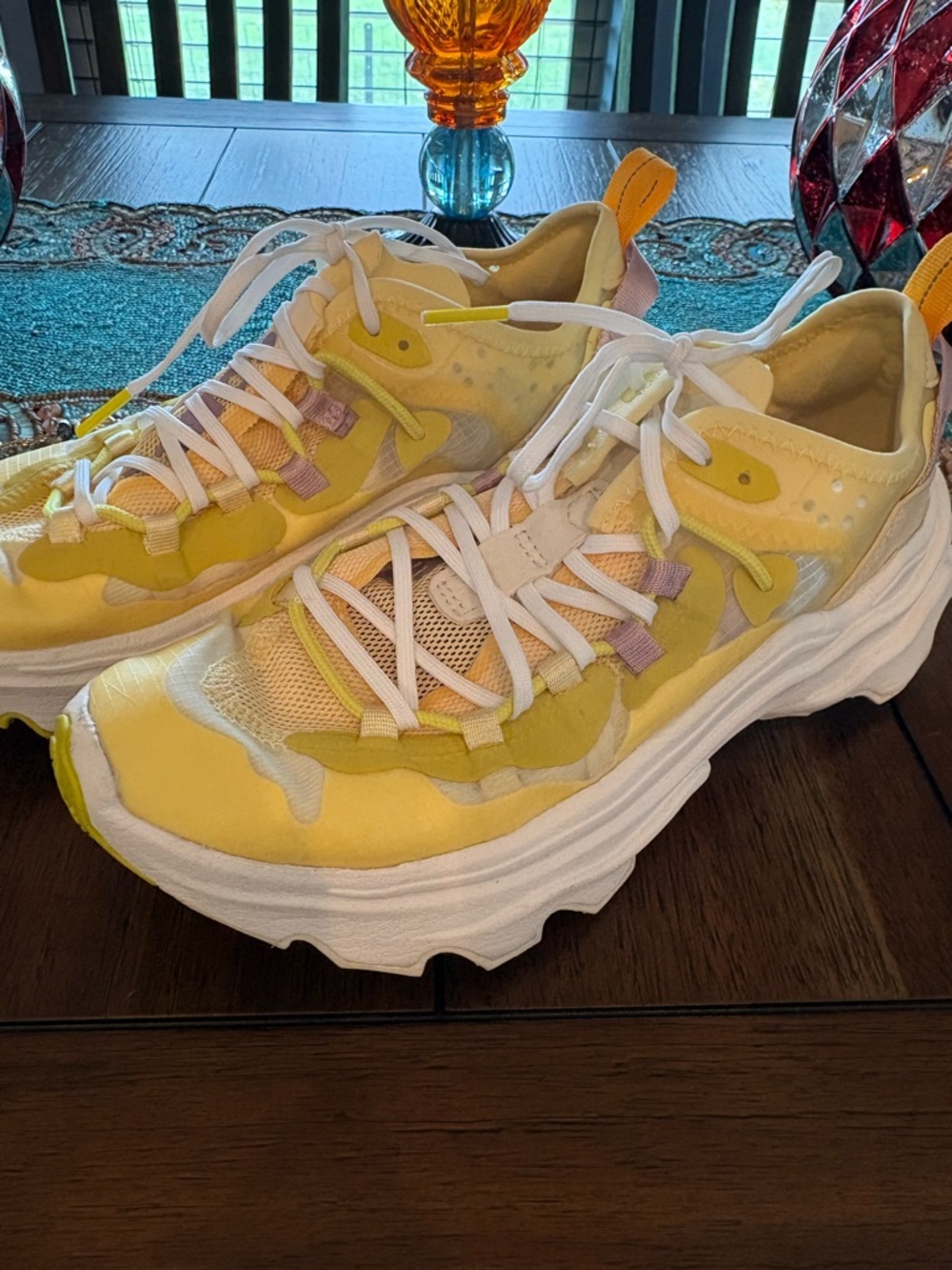 Sorel Yellow and White Chunky Women's Sneakers with Pink Accents